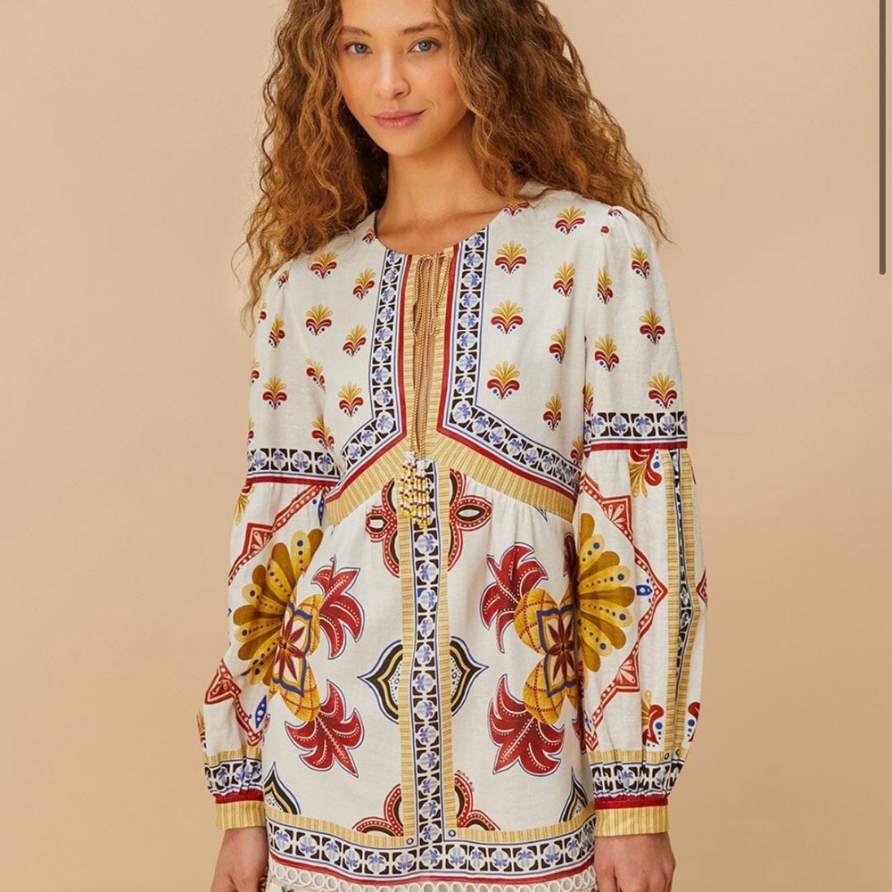 Farm Rio Off-White Marys Tiles Lenzing™ Ecovero™ Euroflax™ Mini Dress (NWT)